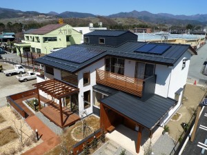 越屋根とパーゴラのある外観